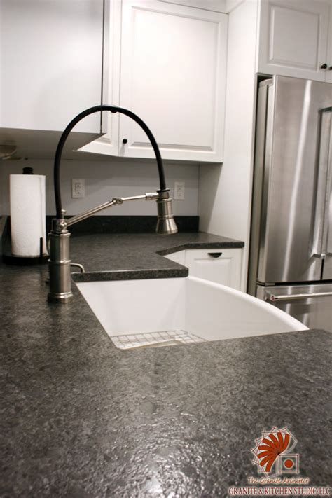 steel gray leathered granite with gray cabinets|steel grey granite leather finish.